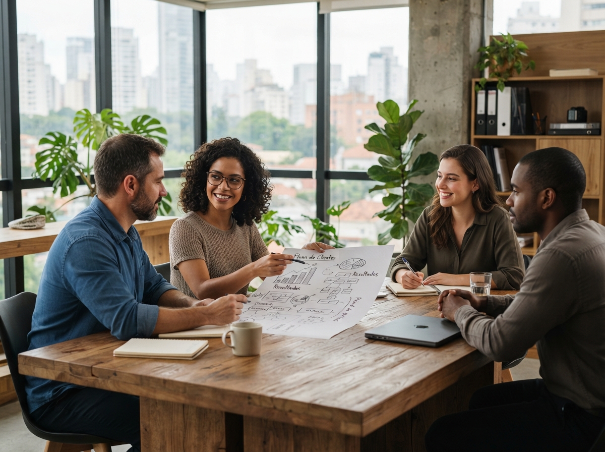 EstratRix — equipe analisando dados de mercado em ambiente corporativo
